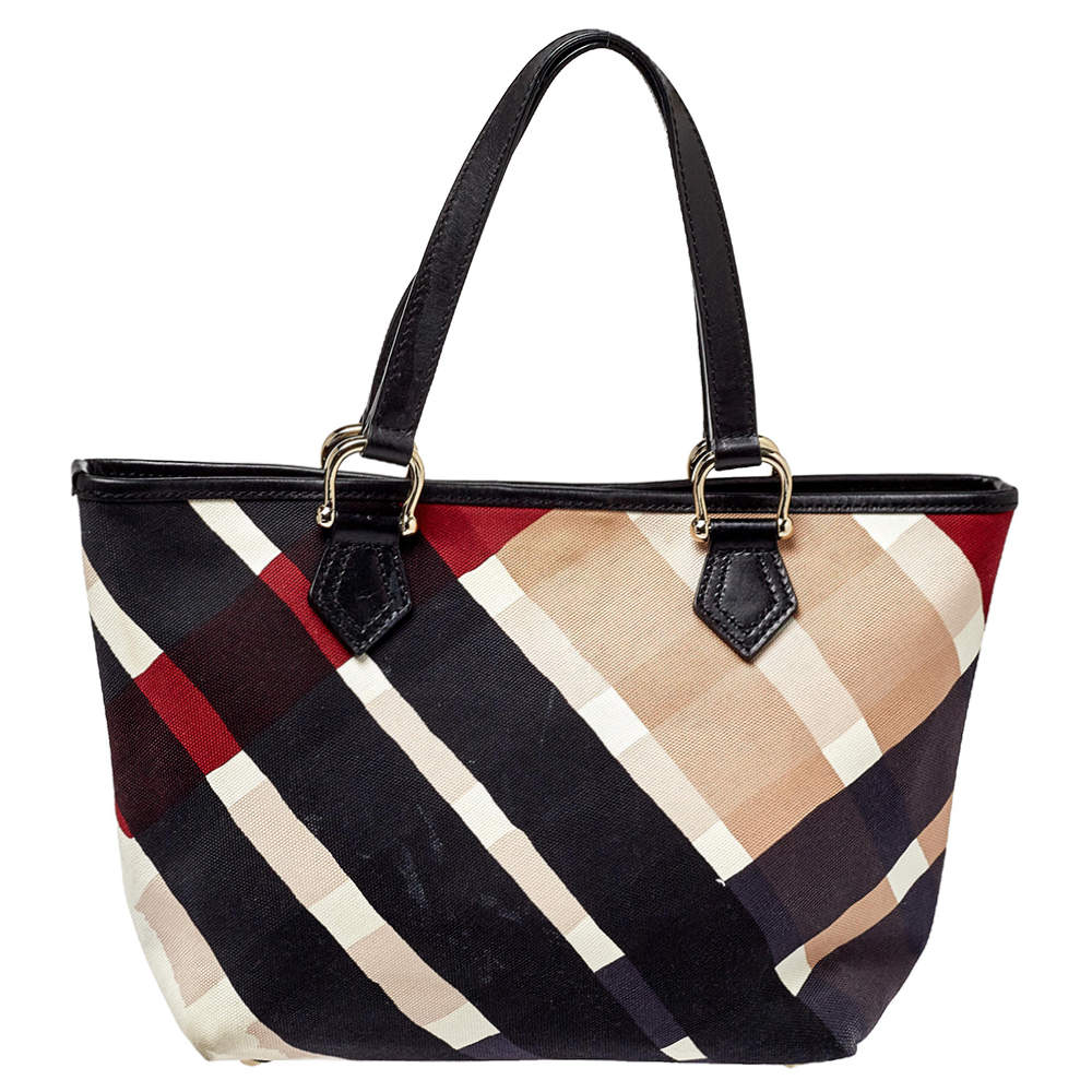 Pre Owned Burberry Multicolor Check Canvas and Leather Snap Tote