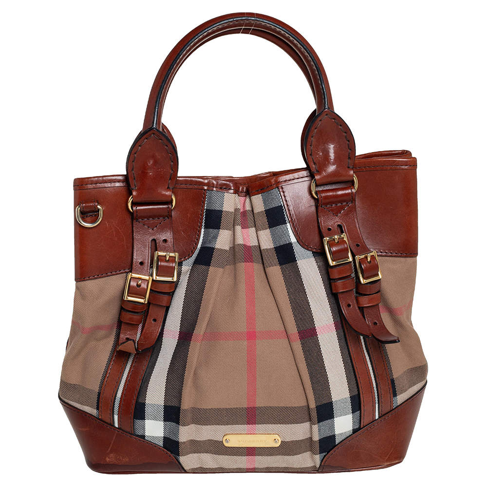 Pre Owned Burberry Brown House Check Canvas and Leather Bridle Whipstitch Tote