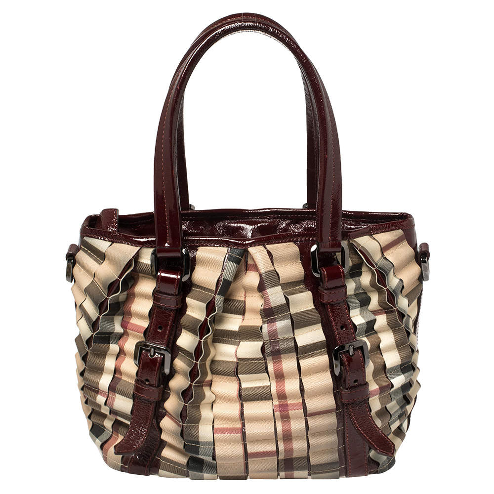 Pre Owned Burberry Burgundy/Beige House Check PVC and Patent Leather Lowry Ruffle Tote