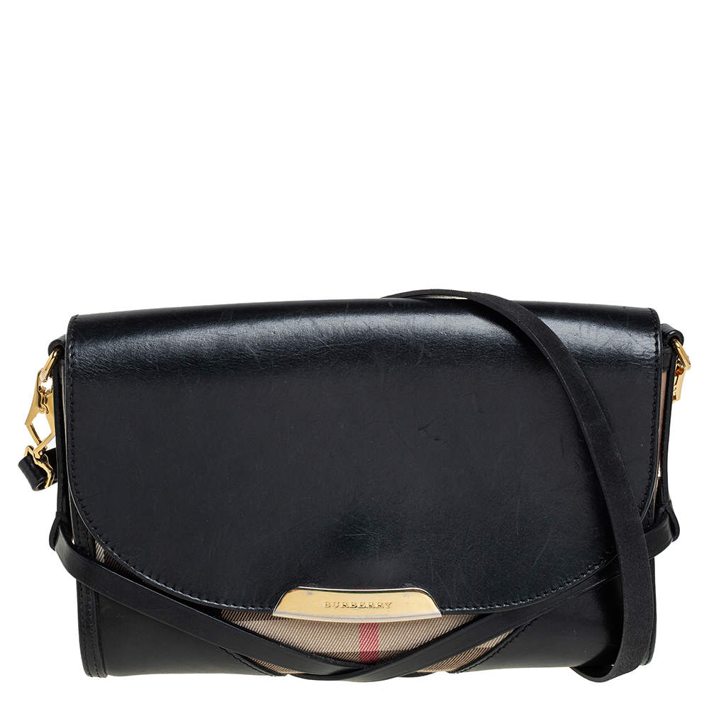 Pre Owned Burberry Black House Check Canvas and Leather Abbott Shoulder Bag