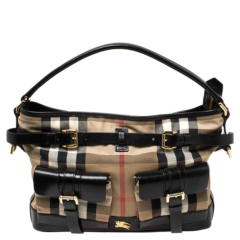 Pre Owned Burberry Black/Beige House Check Canvas and Leather Front Pocket Buckle Hobo 