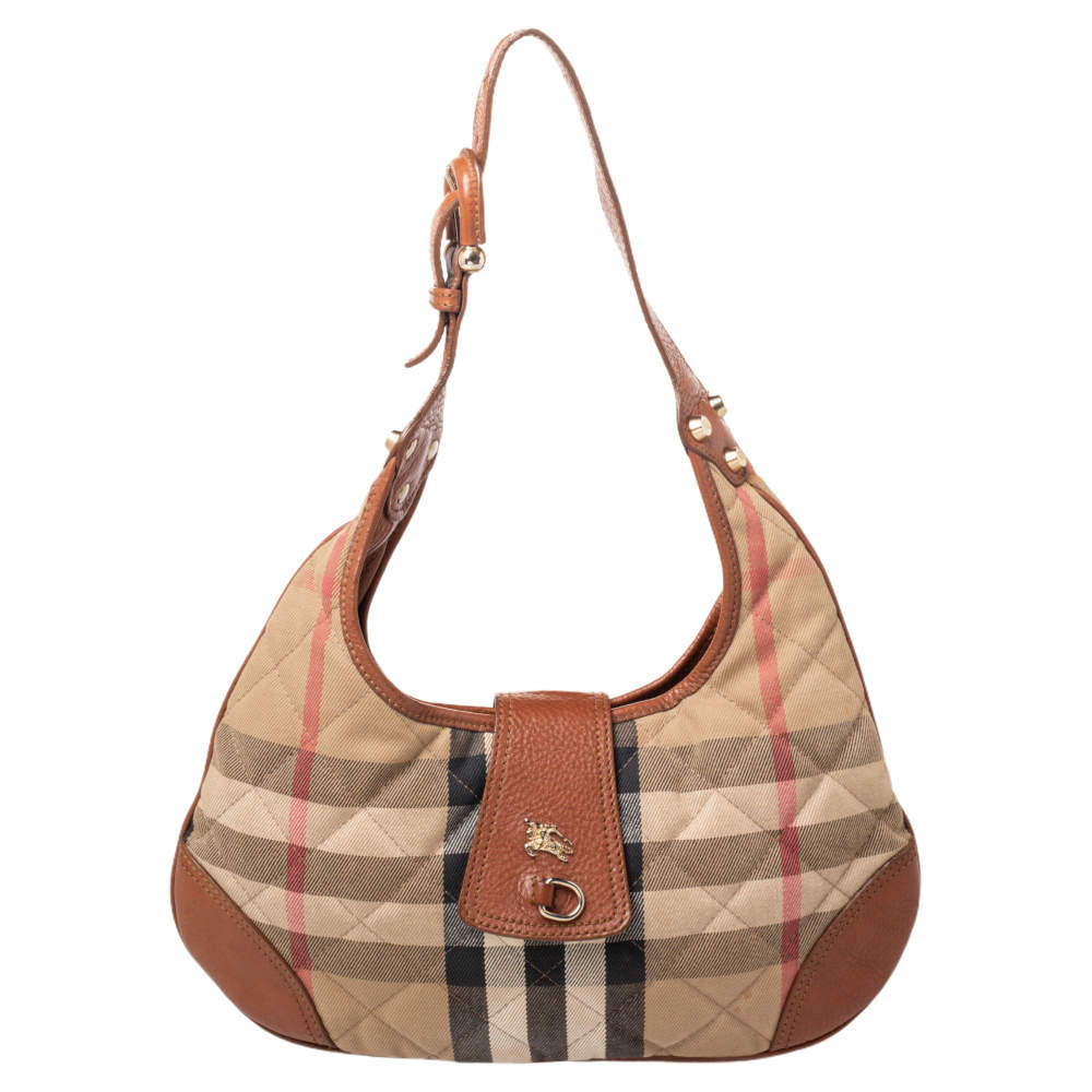 Pre Owned Burberry Beige/Brown Haymarket Leather And Quilted Canvas Hobo