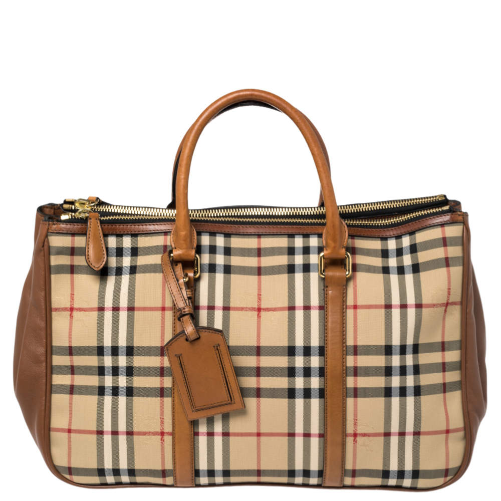 مملوكة مسبقًا Burberry Brown/Beige Haymarket Canvas and Leather Double Zip Tote