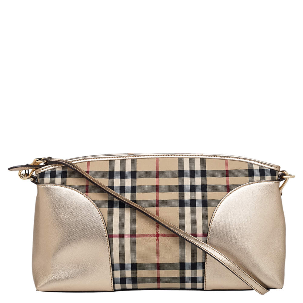 Burberry Gold Leather Horseferry Check Canvas Small Chichester Shoulder Bag