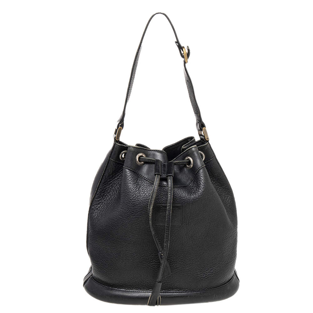 Pre Owned Burberry Black Leather Drawstring Bucket Bag