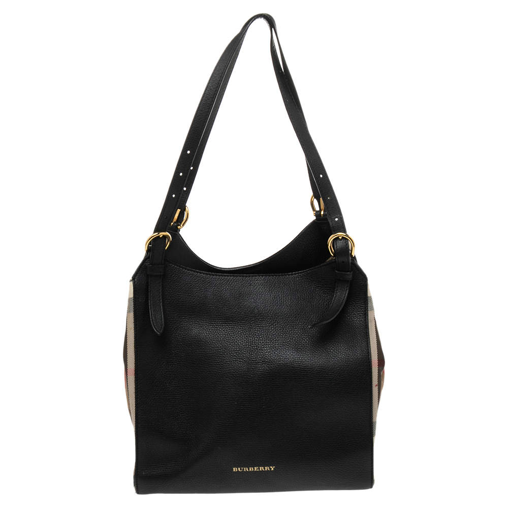 مملوكة مسبقًا حقيبة يد توتس بربري كانتربري هايماركت جلد وكانفاس تشيك هاوس أسود / بيج صغيرة