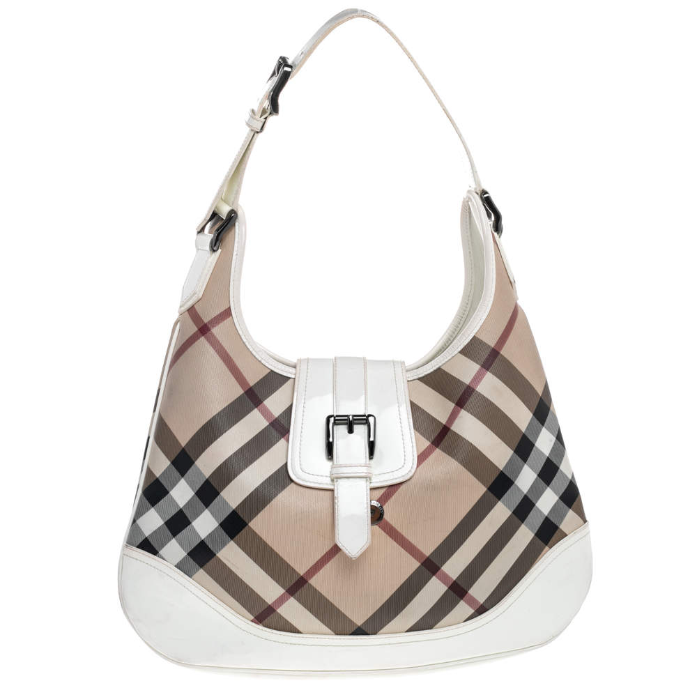 Pre Owned Burberry Beige/ White Nova Check And Patent Leather Brooke Hobo