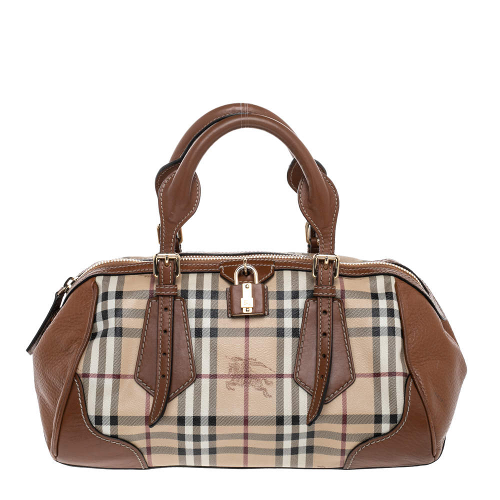 Pre Owned Burberry Beige/Brown Haymarket Check Coated Canvas and Leather Boston Bag