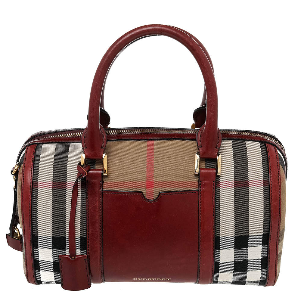 Burberry Beige/Burgundy House Check Canvas and Leather Sartorial Bowler ...