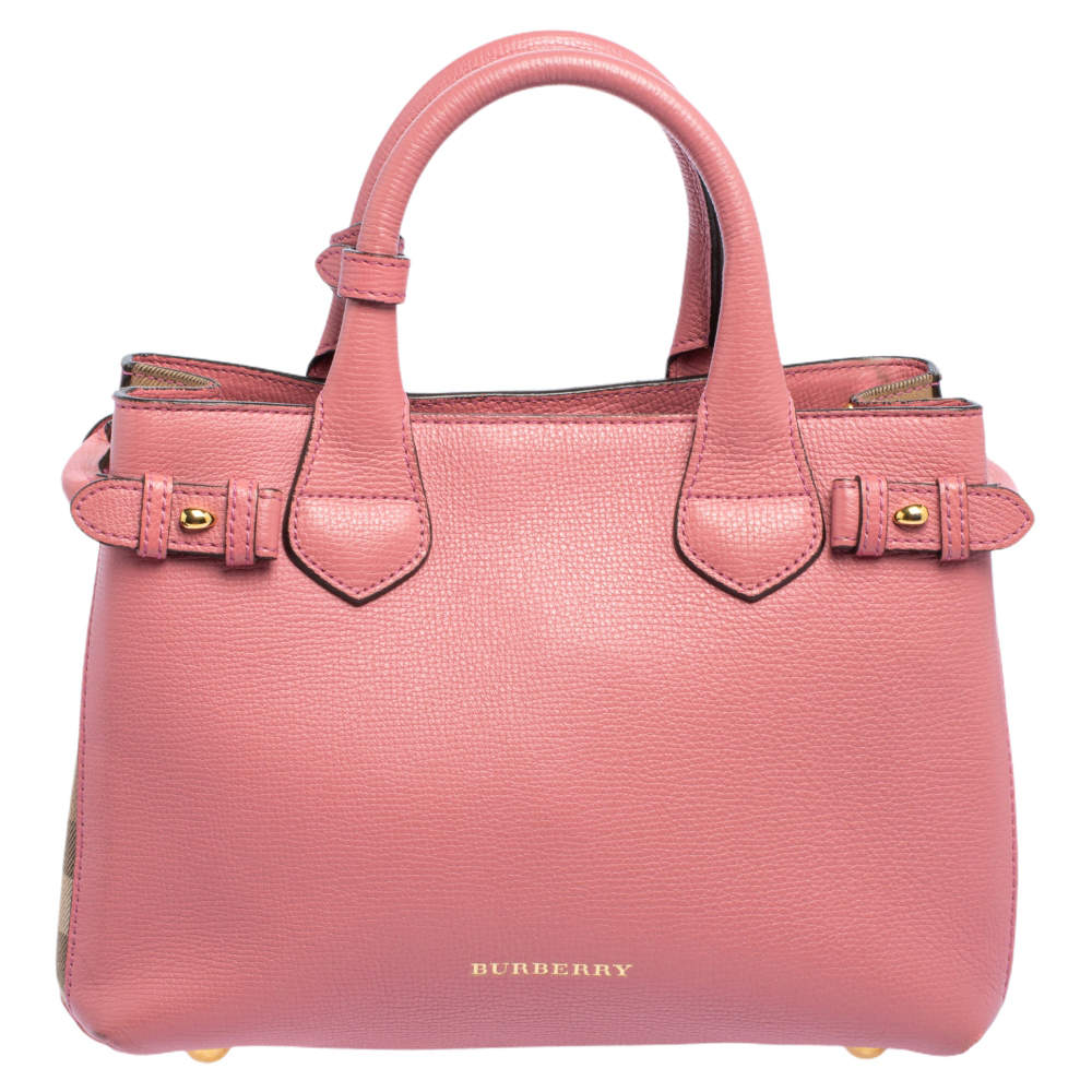 Pre Owned Burberry Pink/Beige Leather and House Check Canvas Small Banner Tote