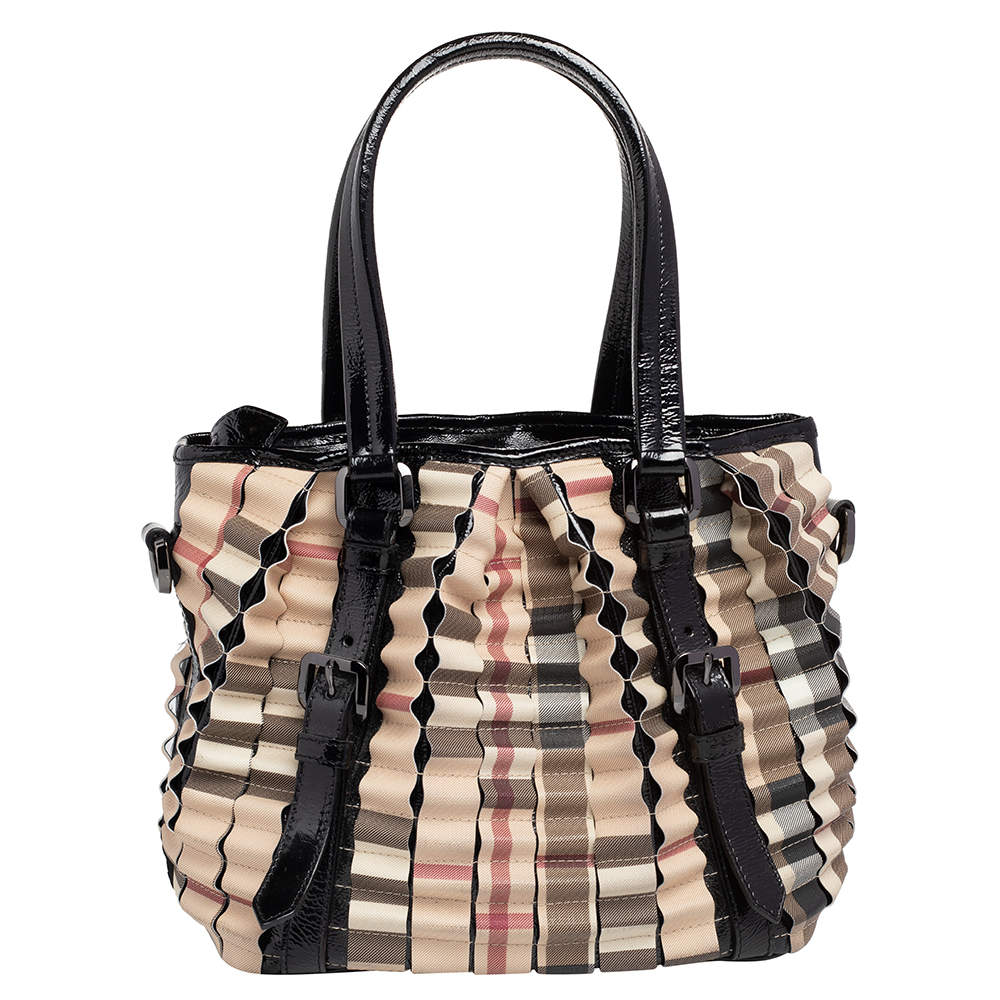 Pre Owned Burberry Beige Nova Check Coated Canvas And Patent Leather Cartridge Pleat Tote