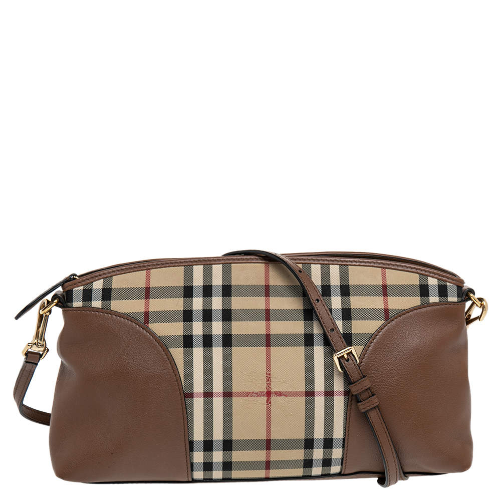 Burberry Brown Leather And Horseferry Check Canvas Small Chichester ...