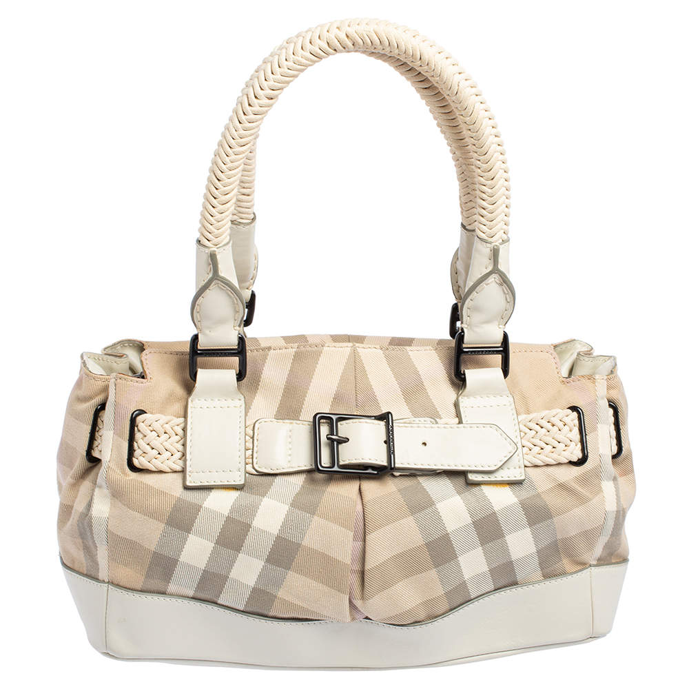Burberry Cream/Beige Nova Check Canvas and Leather Buckle Detail Satchel