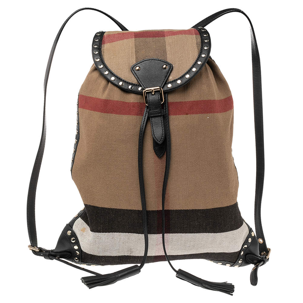 Pre Owned Burberry Beige/Black Exploded Check Canvas and Leather Backpack