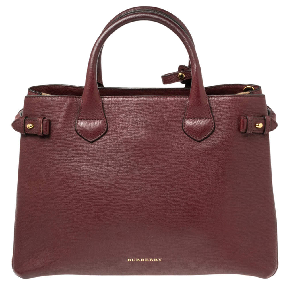 مملوكة مسبقًا حقيبة يد توتس بربري بانر قماش كاروهات هاوس تشيك و جلد بيج/عنابي متوسطة