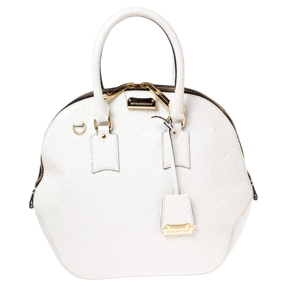 Burberry White Embossed Leather Medium Orchard Bowler Bag