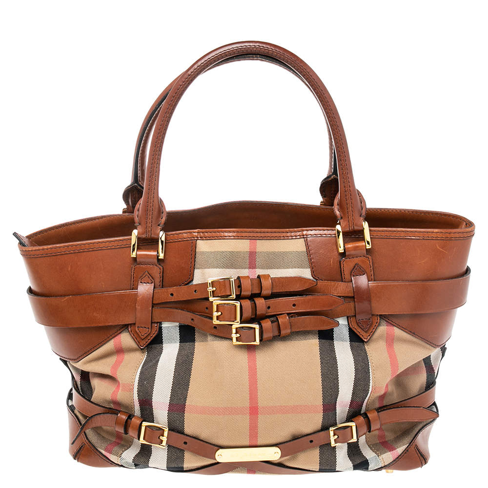 Burberry Beige/Brown House Check Canvas and Leather Medium Bridle Lynher Tote