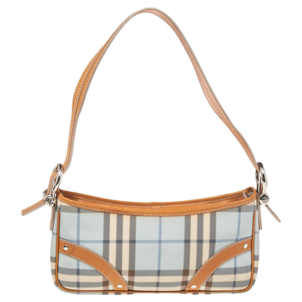 Burberry Tan/Blue House Check Coated Canvas and Leather Baguette Bag
