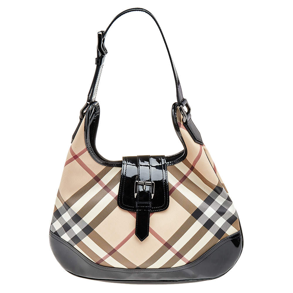 Pre Owned Burberry Black/Beige Nova Check PVC And Patent Leather Brooke Hobo