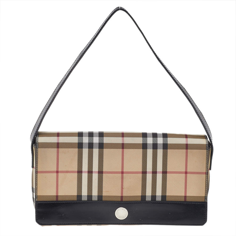 مملوكة مسبقًا حقيبة كتف بربري جلد وكانفاس مقوى كاروهات نوفا أسود/بيج ذات قلاب