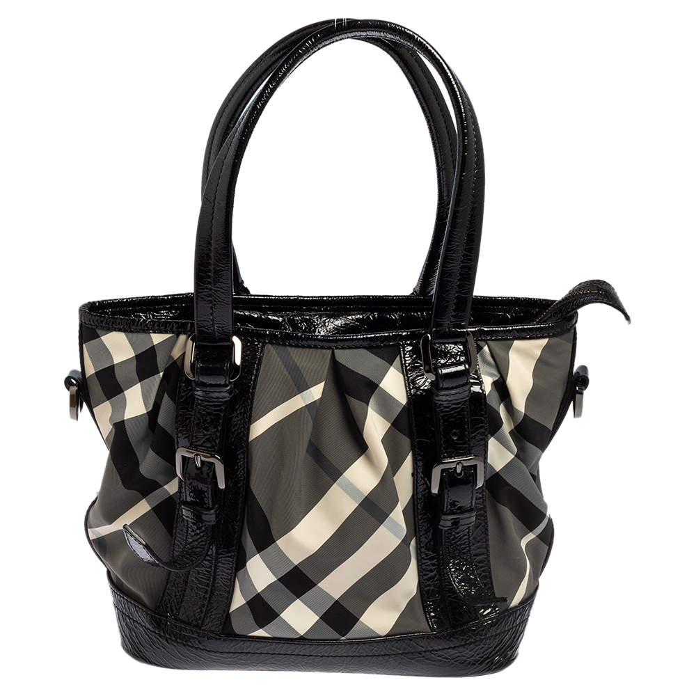 Burberry Black Beat Check Nylon and Patent Leather Small Lowry Tote ...