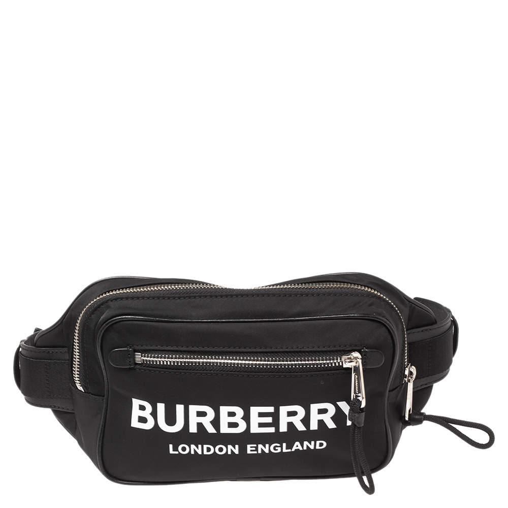 Pre Owned Burberry Black Logo Print Nylon And Leather Bum Belt Bag 