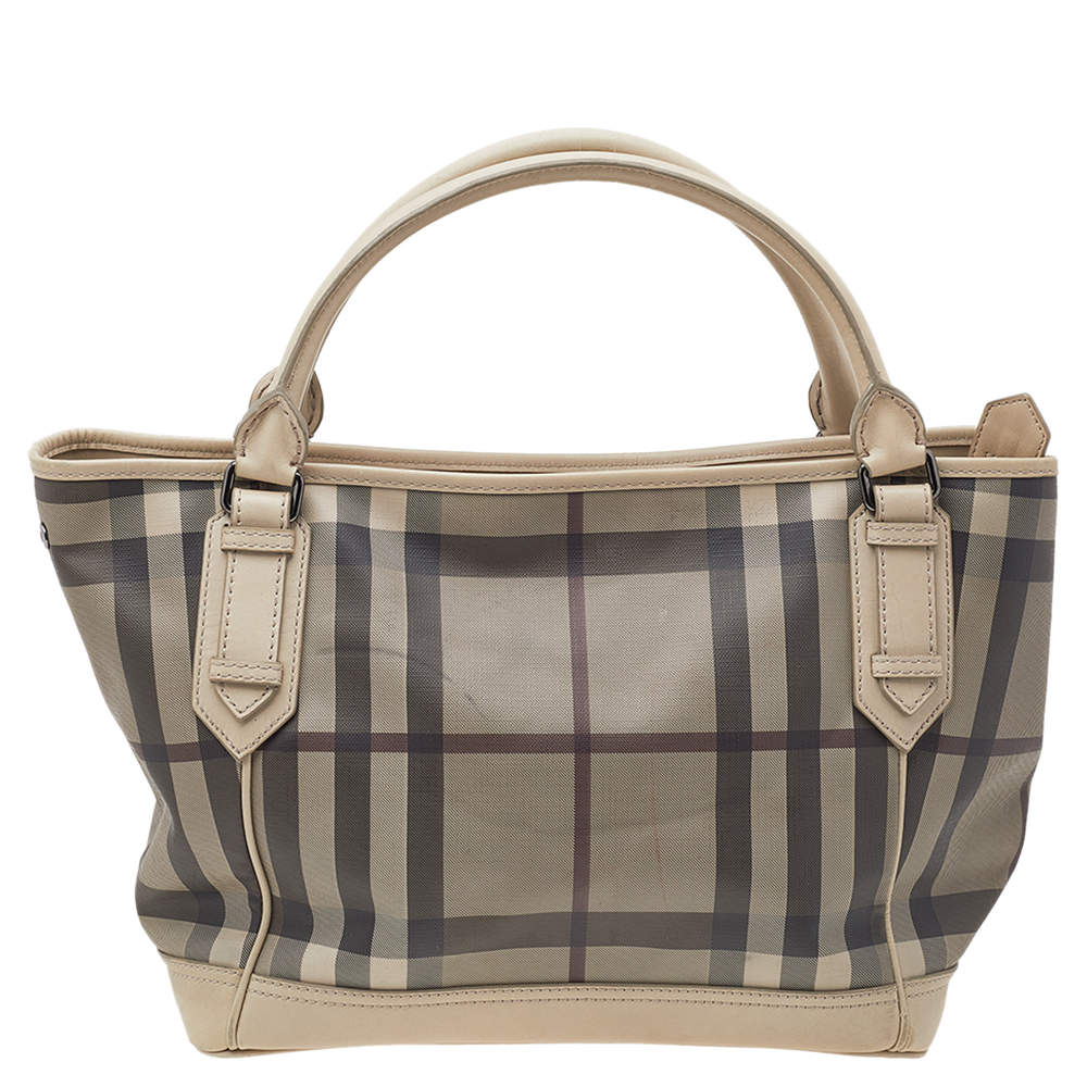 Pre Owned Burberry Beige Smoke Check PVC And Leather Tote