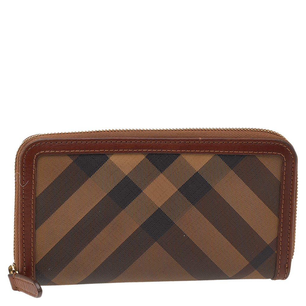 Burberry Brown Coated Canvas And Leather Smoked Check Zip