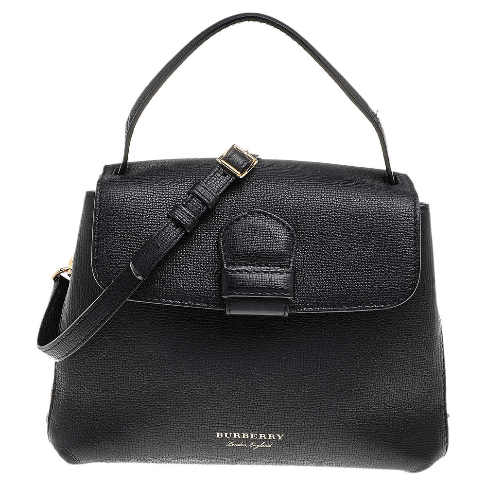 Pre Owned Burberry Black/Beige Leather And House Check Fabric Medium Camberley Top Handle Bag