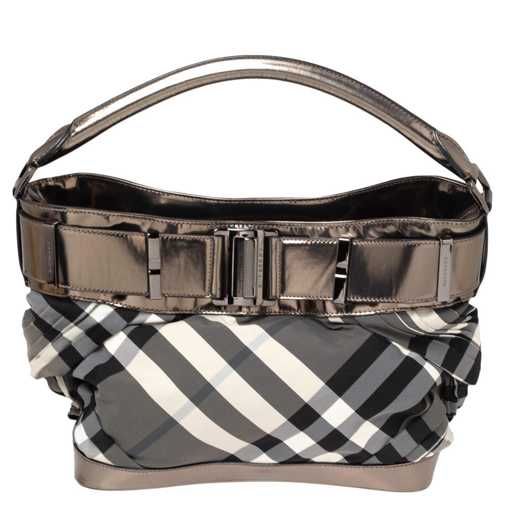 Pre Owned Burberry Metallic Grey Leather And Beat Check Nylon Hobo