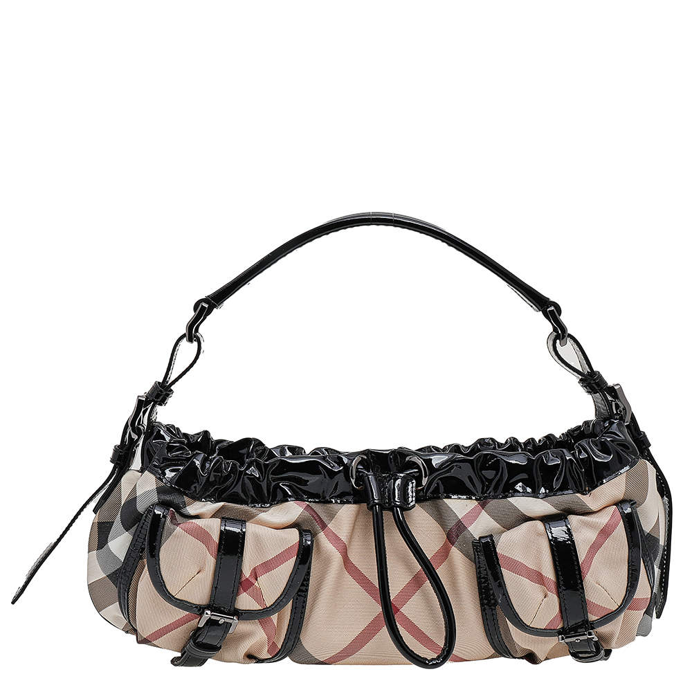 Pre Owned حقيبة بوكيت بربري بلاستيك مشمع كاروهات نوفا تشيك وجلد لامع بيج/أسود 