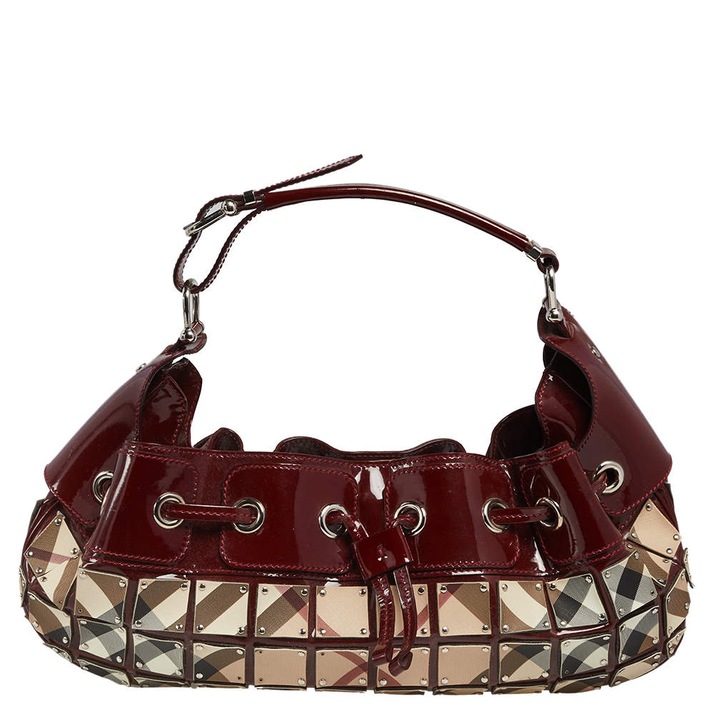 Pre Owned Burberry Burgundy-Nova Check Canvas And Patent Leather Warrior Armor Hobo