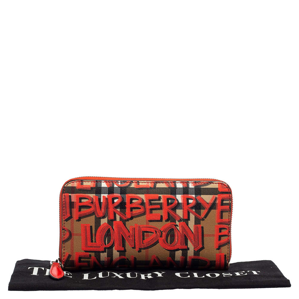 Burberry Red Graffiti Print Check Coated Canvas Zip Around Wallet Burberry