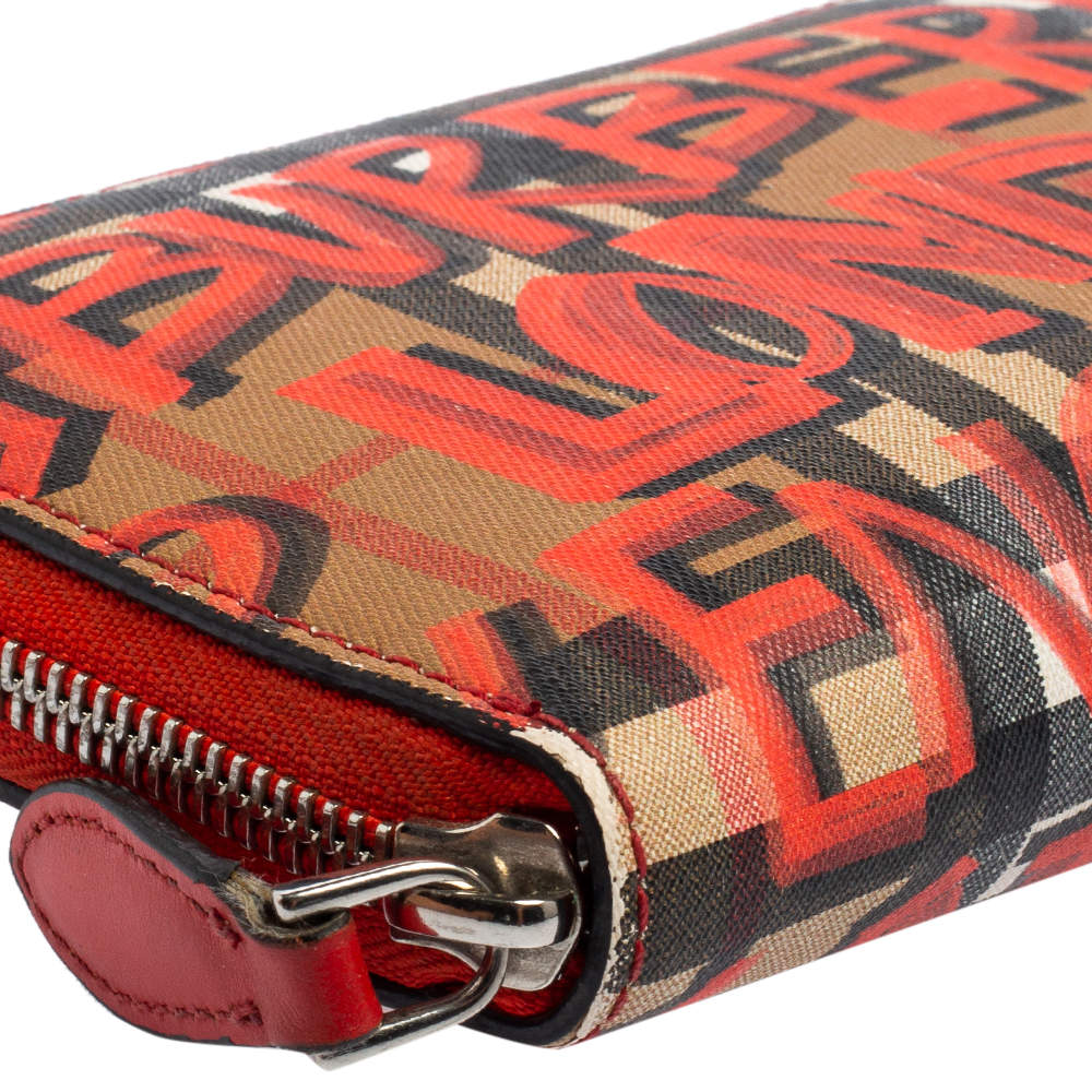Burberry Red Graffiti Print Check Coated Canvas Zip Around Wallet Burberry