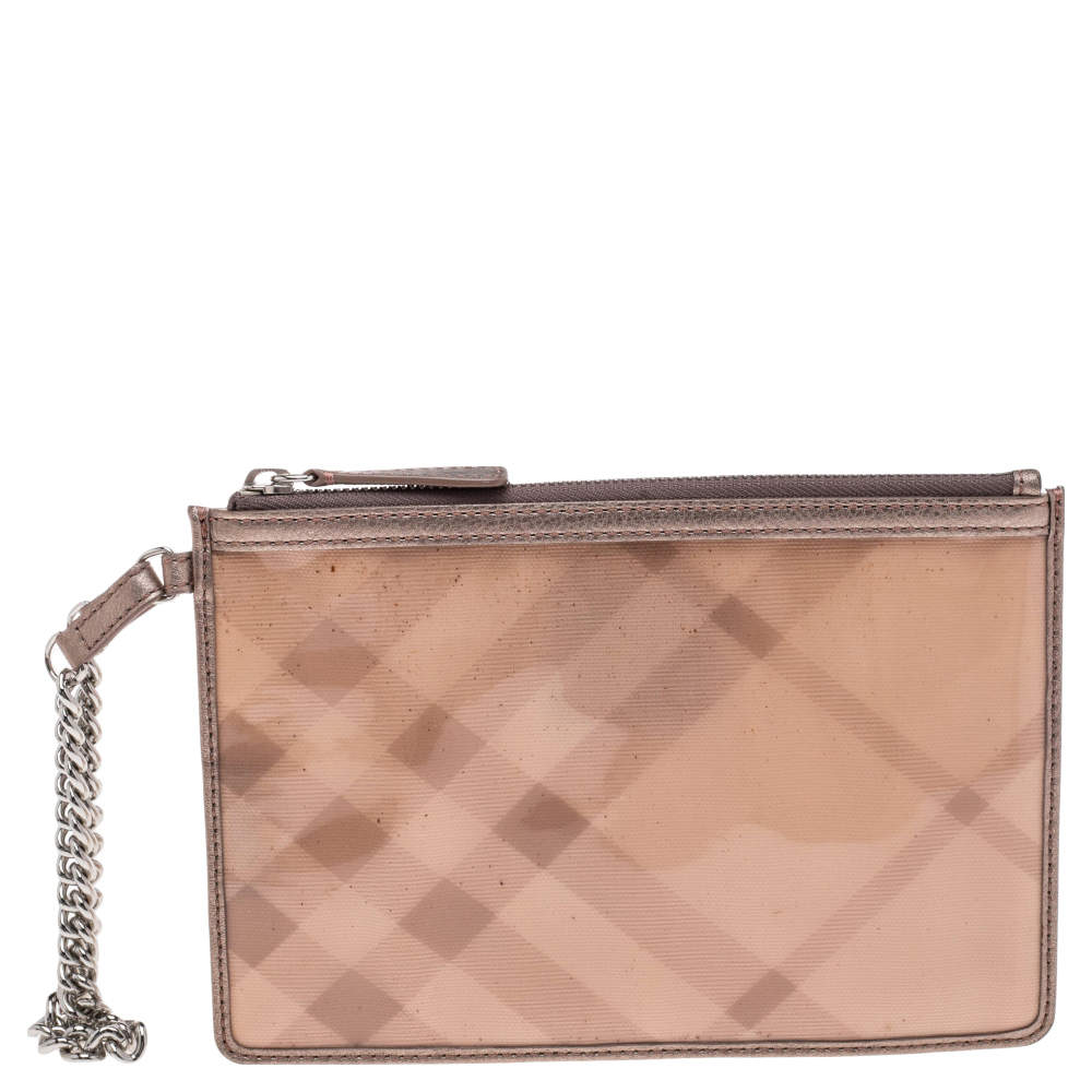 Pre Owned Burberry Metallic Gold/Beige Transparent PVC and Leather Trim Wristlet Clutch
