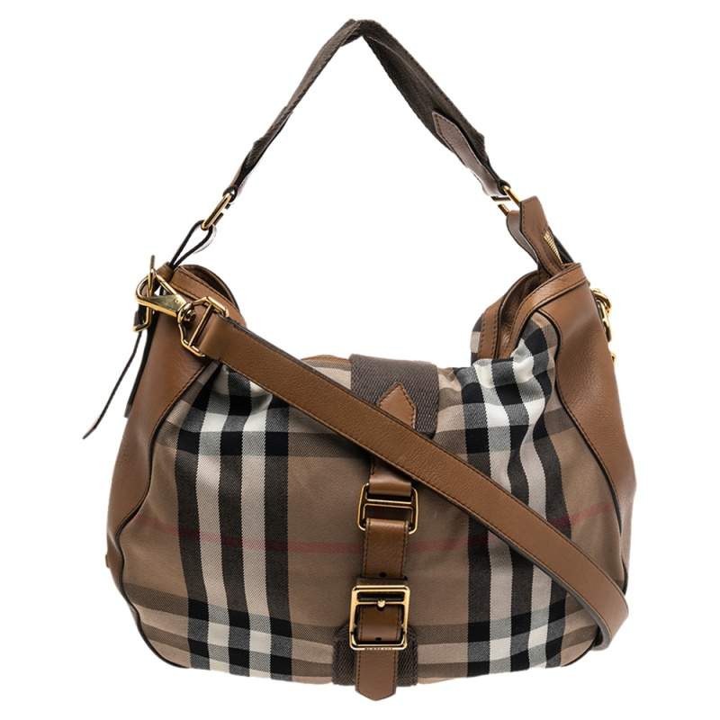 Pre Owned Burberry Brown/Beige Nova Check Canvas and Leather Buckle Hobo