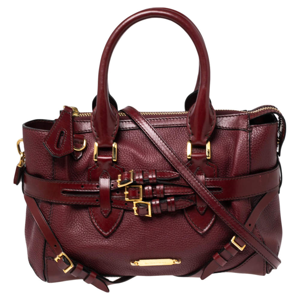Pre Owned Burberry Burgundy Grained Leather Medium Bridle Lynher Tote