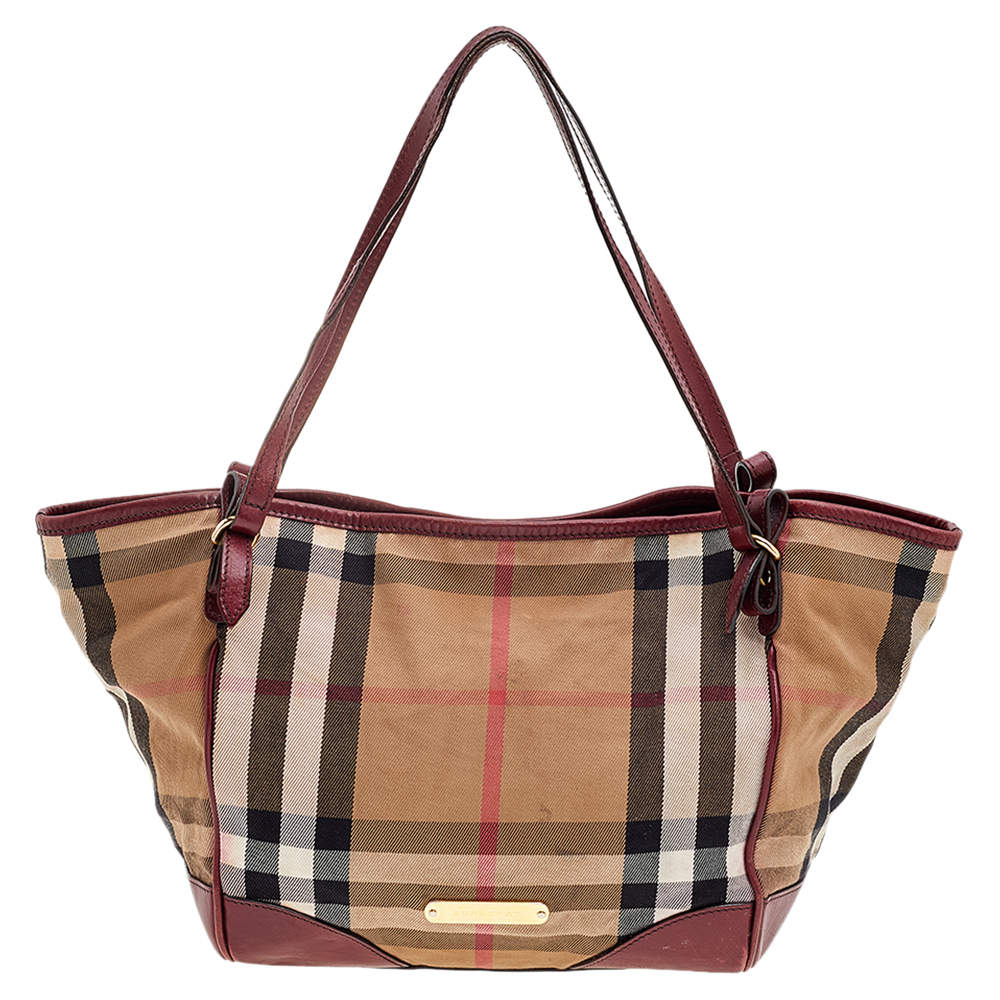 Pre Owned Burberry Dark Red/Beige House Check Canvas and Leather Small Canterbury Tote