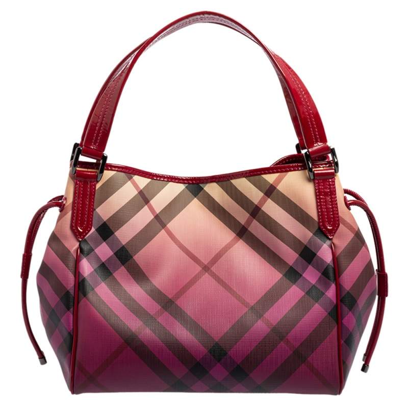 Pre Owned Burberry Burgundy Ombre Supernova Check PVC and Patent Leather Bilmore Tote