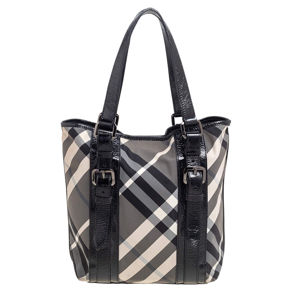 Pre Owned Burberry Black Beat Check Nylon And Patent Leather Small Lowry Tote