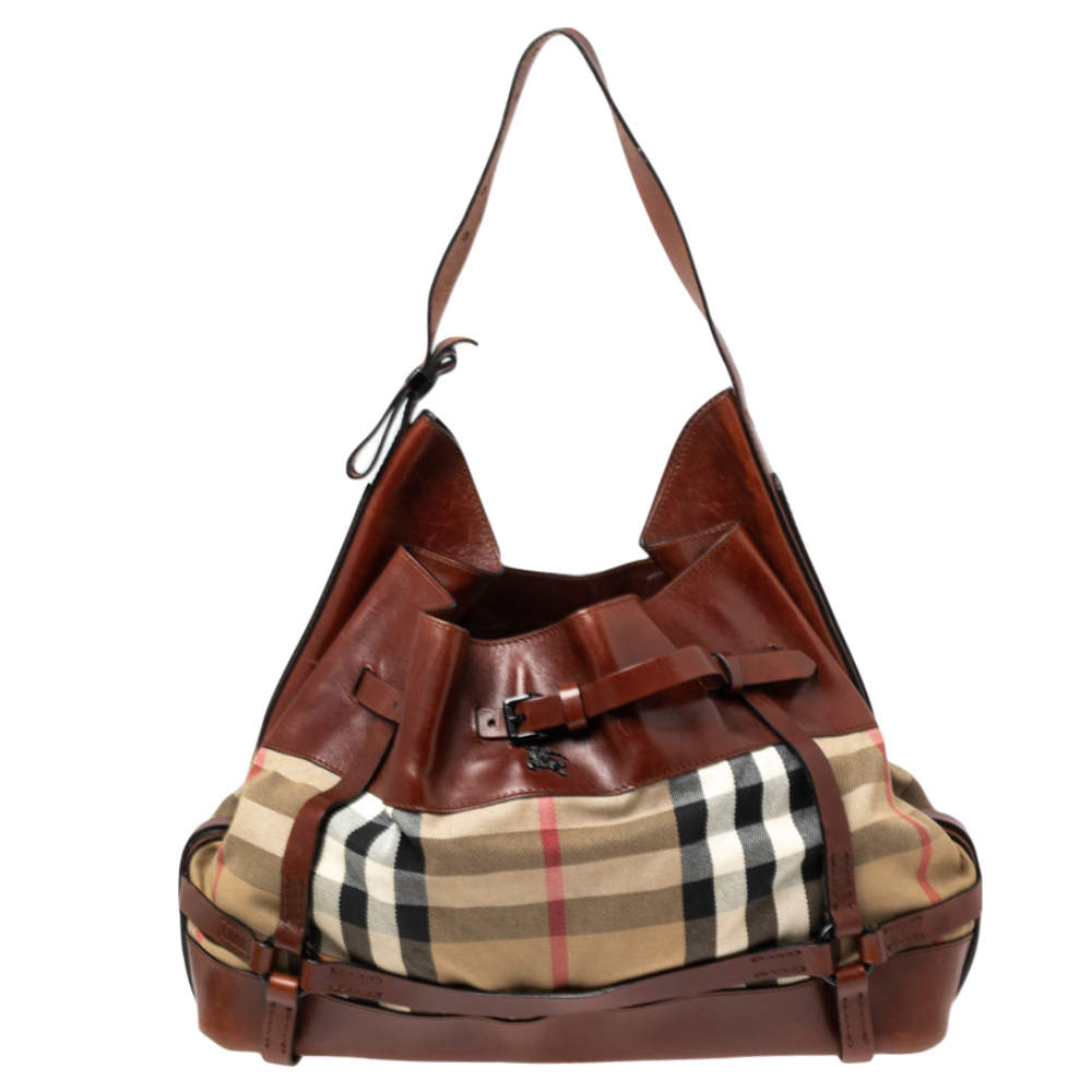 Burberry Brown House Check Canvas and Leather Bridle Hobo