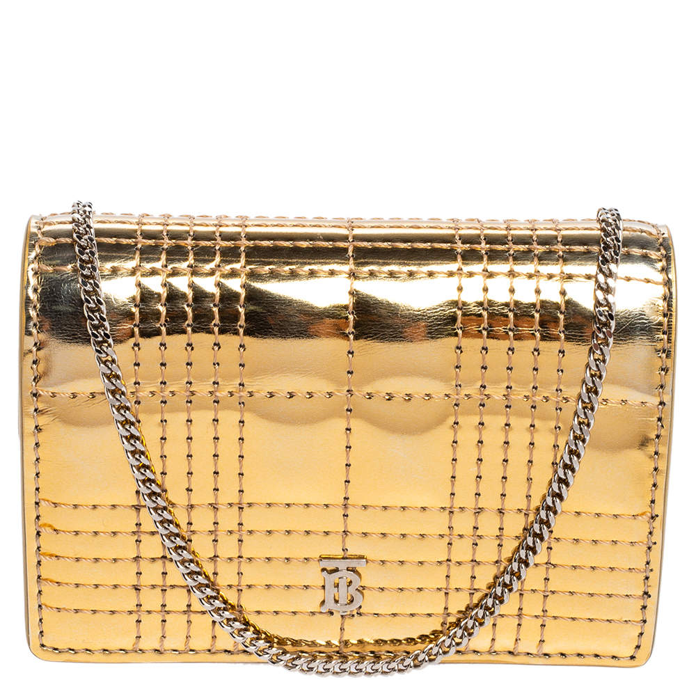 مملوكة مسبقًا Burberry Gold Jessie Quilted Mirror Leather Flap Compact Wallet on Chain