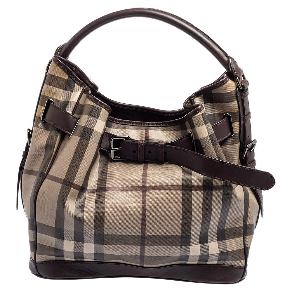 Pre Owned Burberry Brown Smoked Check Coated Canvas and Leather Walden Hobo