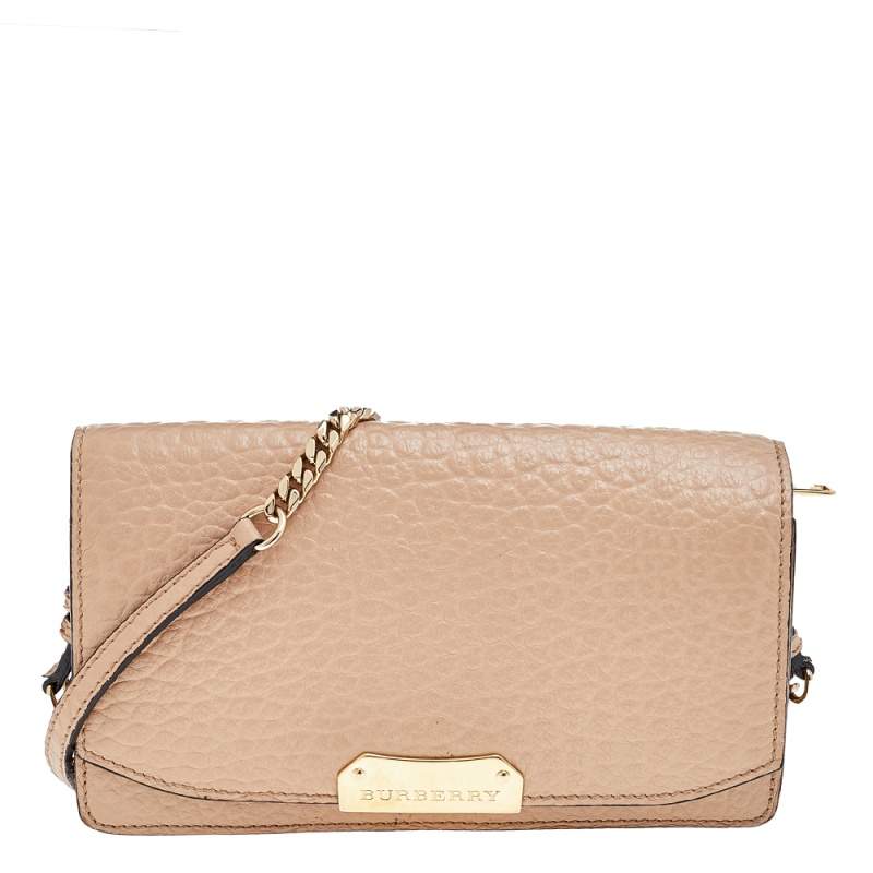 Burberry Beige Textured Leather Flap Wallet On Chain