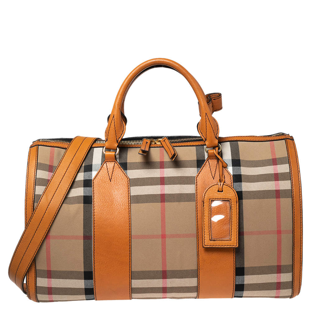 Burberry Orange/Beige House Check Canvas and Leather Duffel Bag