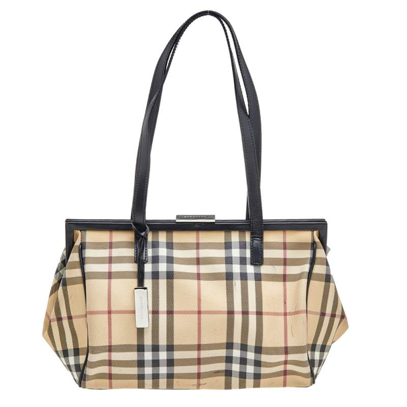 Pre Owned Burberry Beige/Black Nova Check Coated Canvas and Leather Frame Satchel