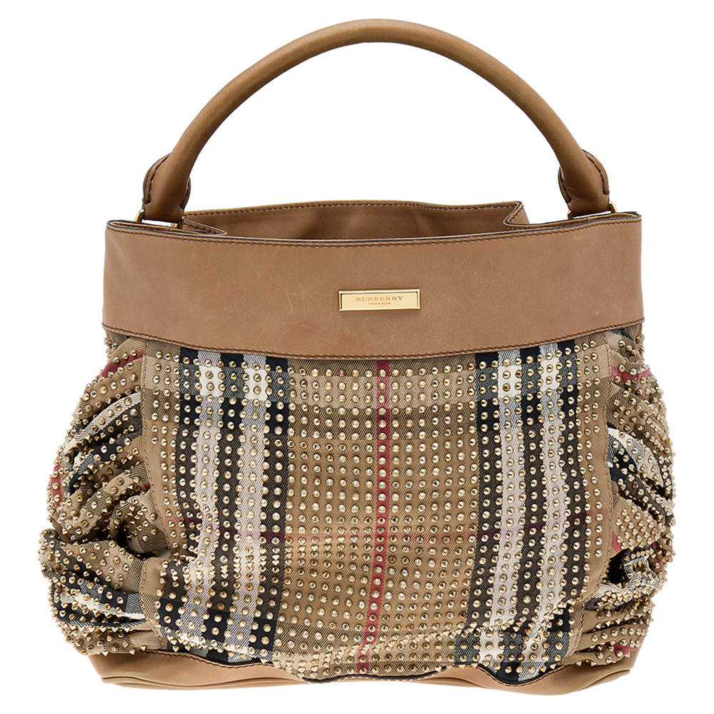 Pre Owned Burberry Beige House Check Canvas and Leather Studded Hobo