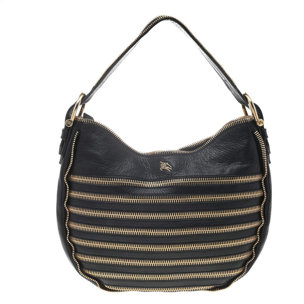 Pre Owned Burberry Black Leather Zipped Detail Malika Hobo