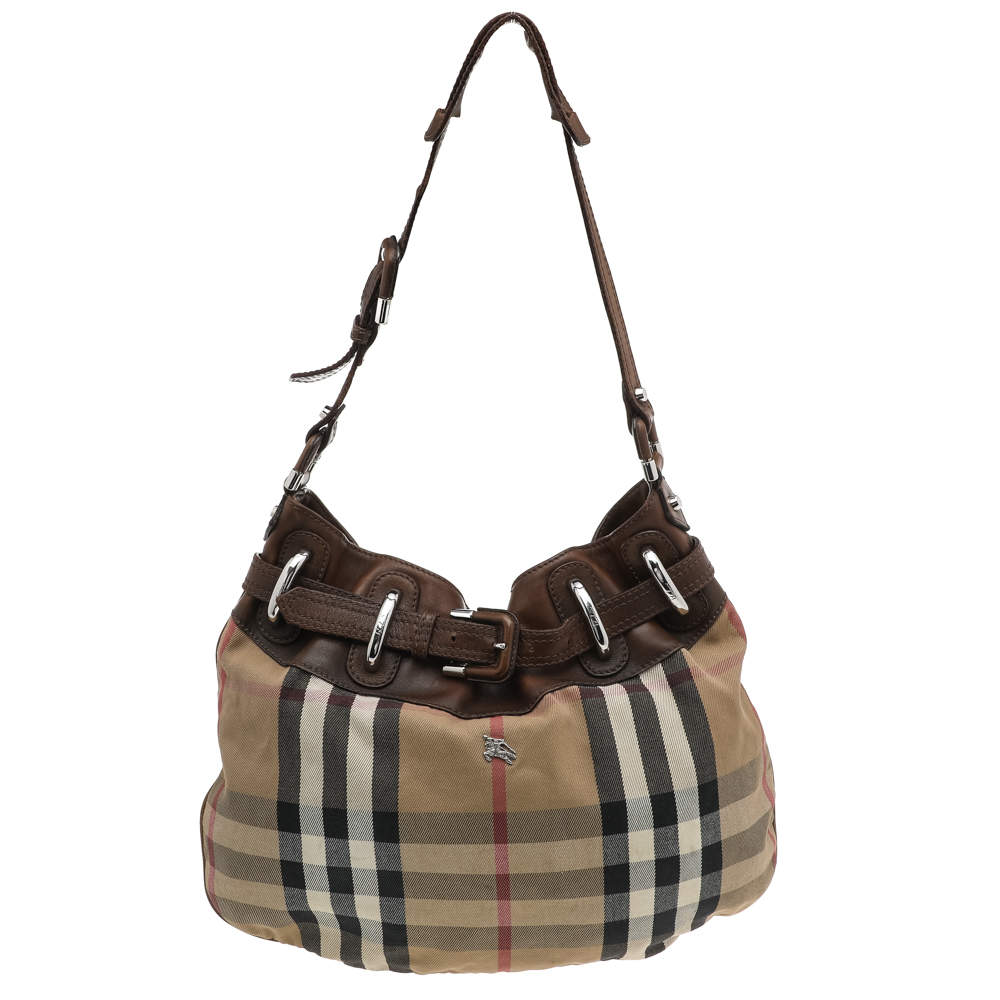 Pre Owned Burberry Beige/Brown Leather And Nova Check Canvas Hobo