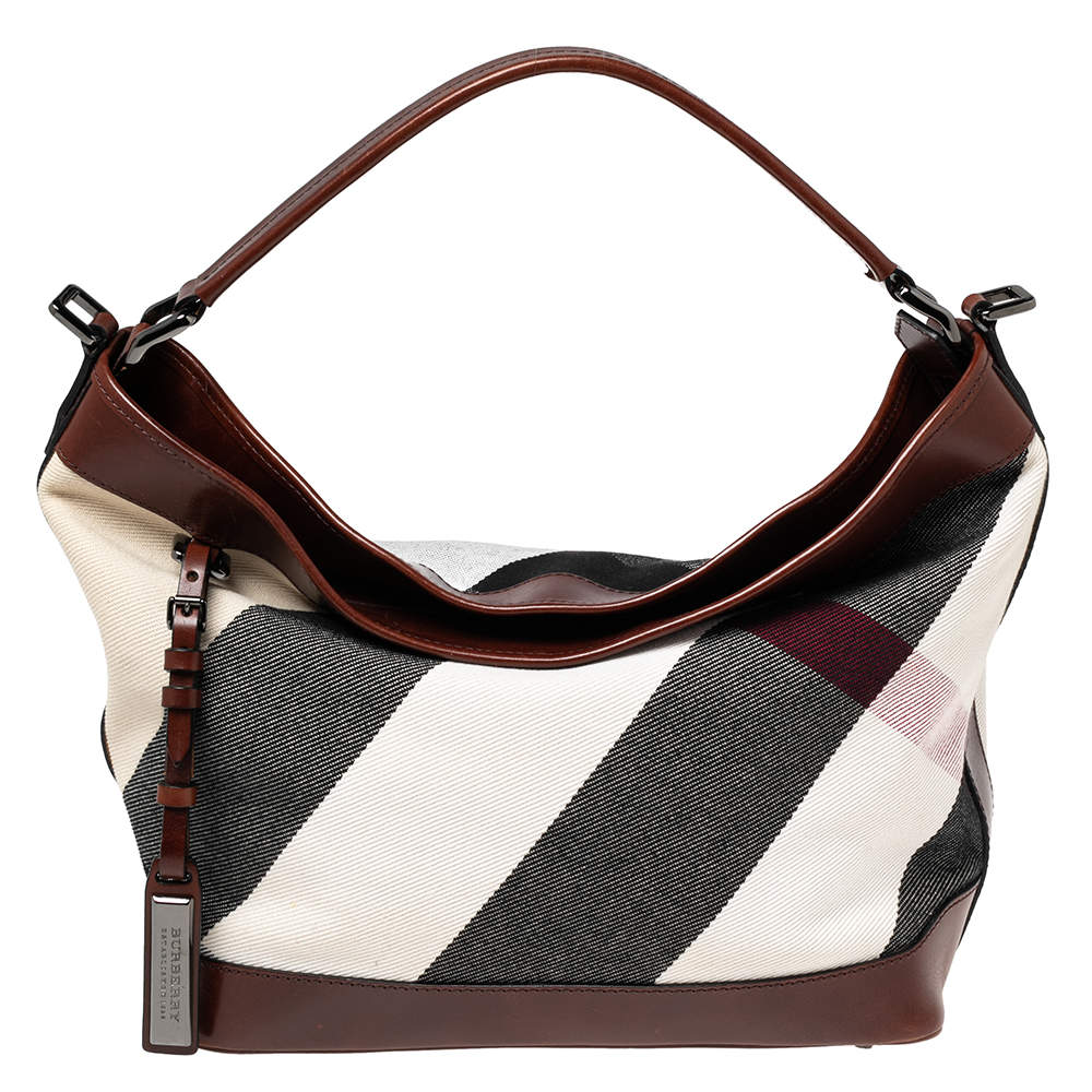 Pre Owned Burberry Brown Check Canvas and Leather Bucket Shoulder Bag